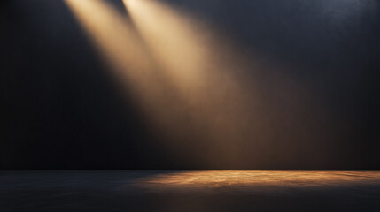 Dark stage illuminated by warm spotlight beams, creating a dramatic and focused atmosphere, perfect for theater, presentations, and performance-themed visuals.