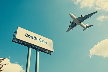 large signage to South Korea and a airplane is passing by in the air , illustrating traveling with airplane to South Korea