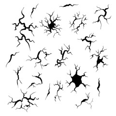 A collection of cracks spreading across a surface, resembling shattered glass or cracked ground. The black and white design gives a sense of brokenness or damage