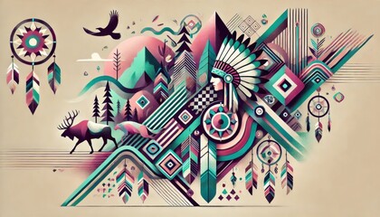 An unexpected Native American Heritage scene with a bold, modern twist. Instead of traditional earthy tones, the design uses vibrant colors like teal, purple, and pink. 