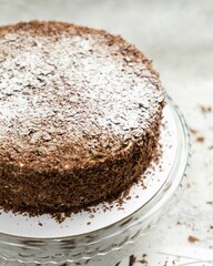 Delicious chocolate cake with chocolate sprinkles and powdered sugar on glass cake stand