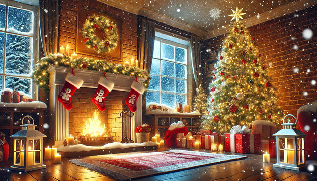 Cozy Christmas Living Room with Warm Fireplace and Decorated Tree. AI-generated