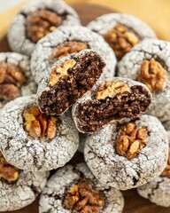 Chocolate crinkle cookies with walnuts showing chewy inside
