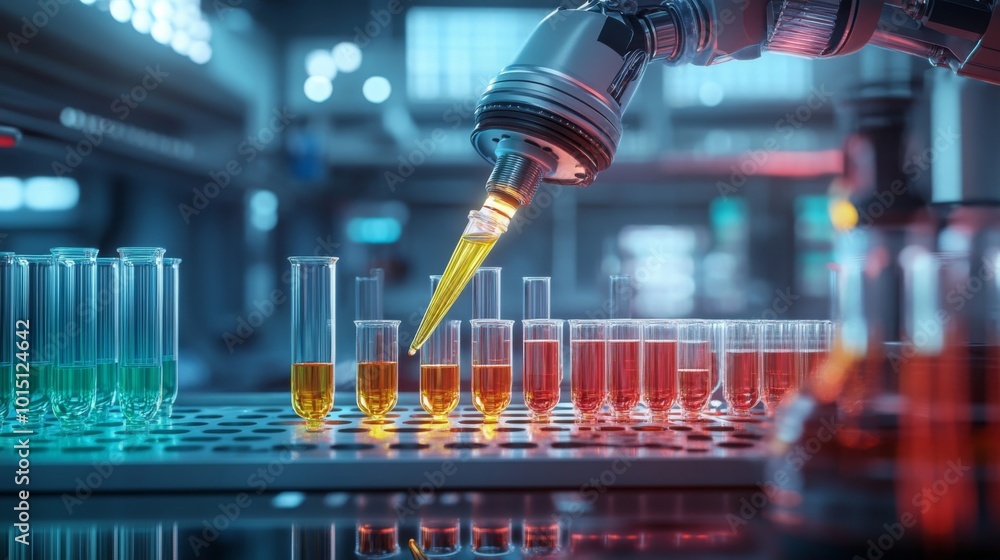 Poster A robotic arm accurately dispenses liquids into colorful test tubes, highlighting automation in a high-tech lab dedicated to scientific research and chemical experiments.