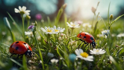 Close-up, bright photo of ladybugs and flowers in the meadow