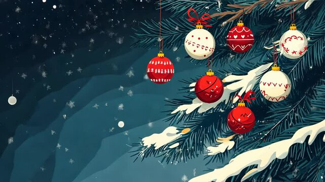 A snowy Christmas tree with ornaments in red and white