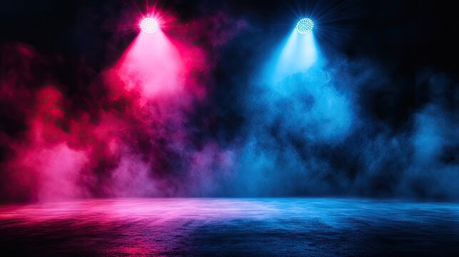 A dark, empty stage with a single spotlight casting a bright glow. Smoke drifts across the floor, creating an atmospheric setting for a performance or presentation.