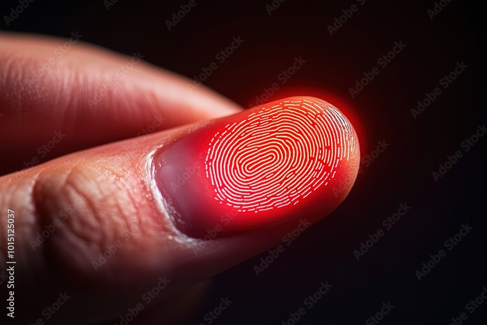 Poster man using thumb to scan finger print or for digital processing bio-metric identification to access s