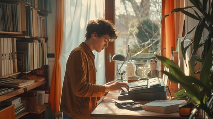 Young Man Playing a Keyboard Instrument in a Sunlit Room