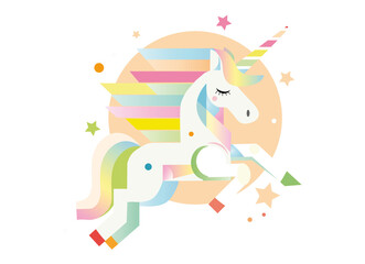Dieses Einhorn besticht durch seine Pastellfarben und sanften Regenbogentöne. Das fantasievolle Design wirkt leicht und verträumt, umgeben von Sternen, die ihm eine zauberhafte Atmosphäre verleihen.