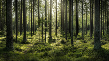 Obraz premium Sunlit forest with tall trees and a soft glow filtering through, creating a peaceful and serene natural scene, perfect for themes of nature, tranquility, and outdoor exploration.