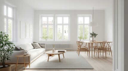 Fototapeta premium The room is decorated in a minimalist style, with white walls, light wood floors, and white furniture. There is a large white sofa in the center of the room, and a coffee table with a book on it