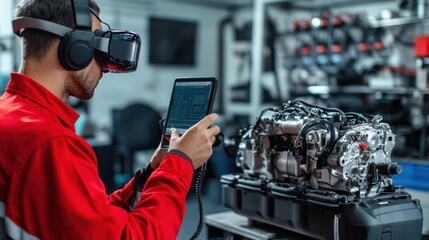 Augmented reality in automotive inspection: Technicians using AR software to diagnose and repair engine components