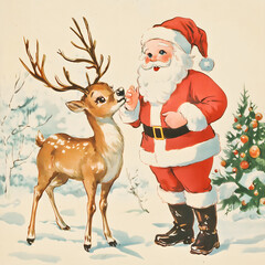 a vintage illustrated christmas scene of santa claus with a reindeer in snowy landscape