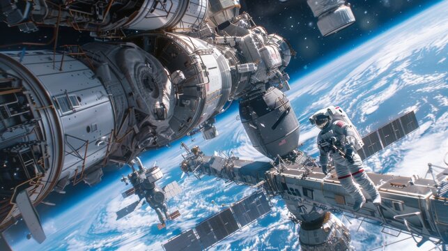 An astronaut conducts essential repairs on a space station in the vast expanse of the universe during a thrilling spacewalk - Powered by Adobe