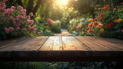 Fototapeta premium Wooden boards for product display in a spring natural environment with flowers