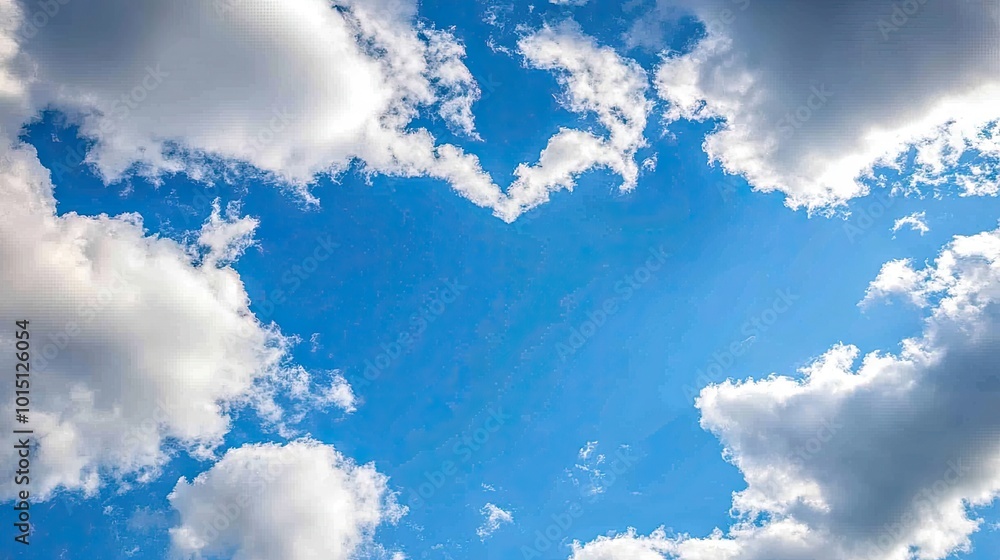 Poster a fluffy white cloud frame against a solid blue sky background. the natural frame creates an open sp