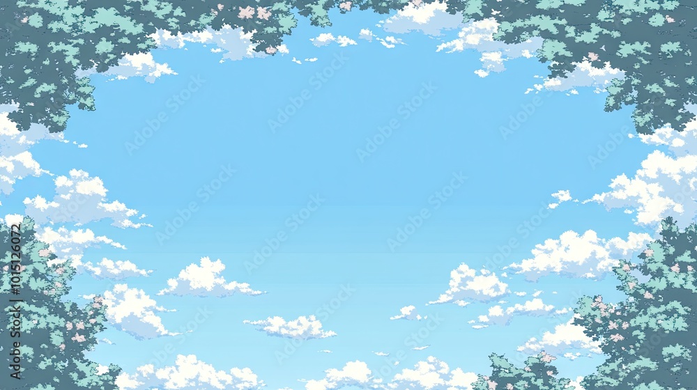 Poster a fluffy white cloud frame against a solid blue sky background. the natural frame creates an open sp