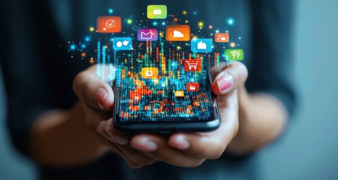 Hands holding a smartphone with holographic digital app icons on a dark background, showcasing mobile technology and innovation