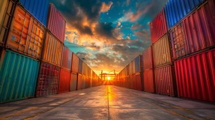 Fototapeta premium Shipping containers aligned in industrial port at sunset