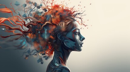 Fototapeta premium A vibrant illustration for World Mental Health Day, featuring a human figure with a creatively designed brain, symbolizing mental well-being and creativity. 