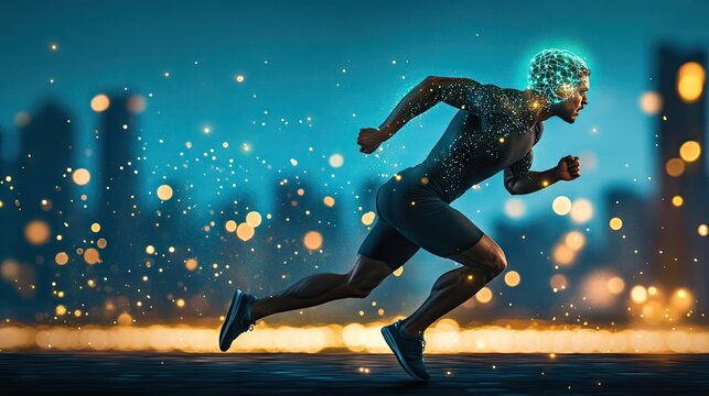 A human figure running through cyberspace, glowing green neural connections lighting up his brain and limbs as he accelerates. AI and neural networks in motion.
