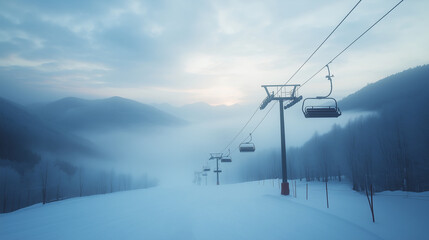 A single ski lift chair moving up a snow-covered hill, seen from far away, minimalist snowy landscape, fog rising from the valley below, mountains in the background, soft light and