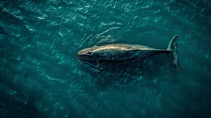 Obraz premium A clean, minimalistic design showing a whale from above, with its shape and contours subtly outlined against a vast, empty sea