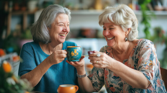 Stock minimalist photo of A senior woman artist joyfully teaches her friend how to paint a ceramic cup, embodying creativity, friendship, and lifelong learning.background is blurre
