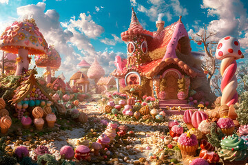 Fototapeta premium Candy village with gingerbread houses and whimsical mushroom structures, Sweets Day