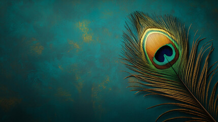 Single peacock feather against a rich teal background, symbolizing grace and elegance, perfect for themes of luxury, decor, and artistic design.
