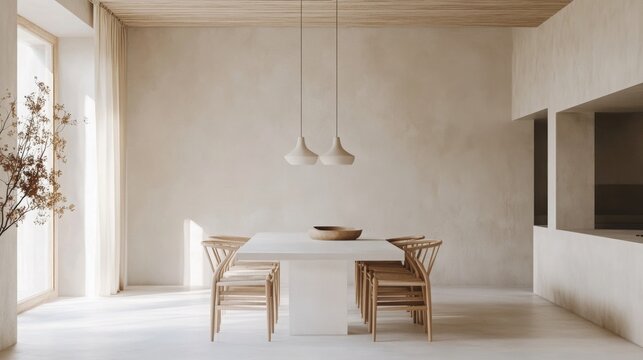 A modern dining area features a light-colored table with wooden chairs, illuminated by natural light streaming through large windows. Simple decor enhances the spacious, airy feel of the room.