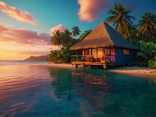 Fototapeta premium Experience the Serenity of a Tropical Beachfront Bungalow at Stunning Sunset Hours