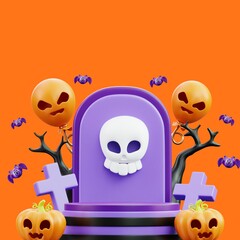 3D Haloween Podium With Pumpkin And Balloon on orange background for instagram post