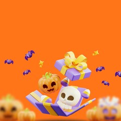 3D Mysterious Gift with skull and pumpkin on orange background for instagram post