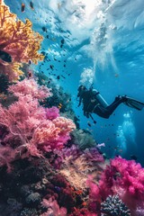 A scuba diver explores a vibrant underwater paradise filled with colorful coral reefs and diverse marine life in serene ambient light