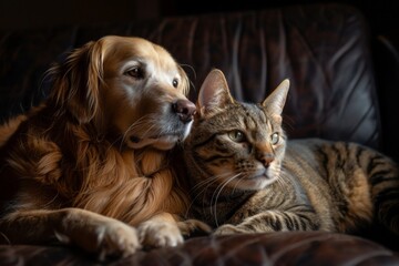 A heartwarming moment of friendship between a cat and a dog relaxing together in a cozy home environment