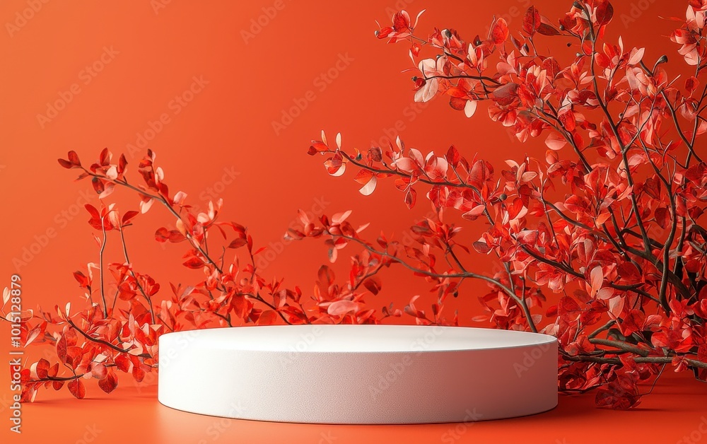 Poster white podium with vibrant red leaves on an orange background creating an elegant and contemporary di