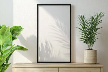 Modern Interior Design with Black Poster Frame on Wooden Cabinet