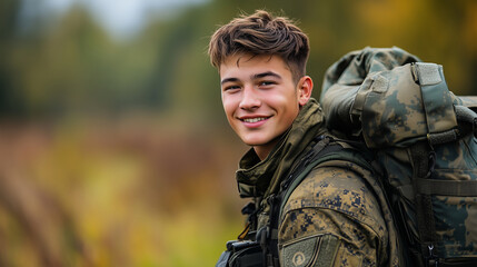 Smiling Soldier in Military Uniform with Backpack Outdoors