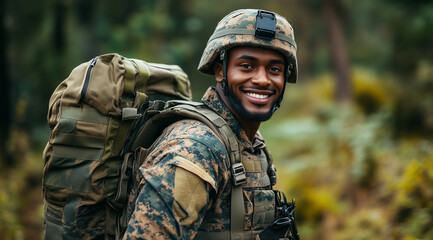 Fototapeta premium A happy, smiling soldier in camouflage with a backpack and helmet, set against the background of a forest with grass. There is ample space for text. The image has vibrant colors an