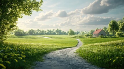 Naklejka premium An empty stage with a green farm background, featuring a village road and house, ideal for displaying eco-friendly