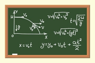 The School Board with with Physics Formulas.. Calculating of the Horizontal Throw. The Poster in a Flat Style. Raster. 3D Illustration