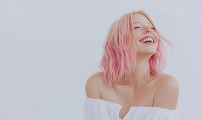 beautiful pretty young woman pink hair style in white clothes posing on white background, pretty cute candid beauty portrait, natural look, emotional smiling