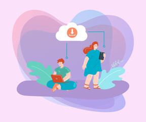 Colleagues with laptop and phone sharing files via internet. Office man and woman downloading files via online service flat vector illustration. Internet, communication, network concept for banner