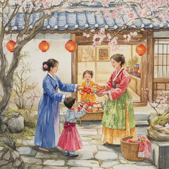 traditional Korean lunar new year celebration Seollal background eating and exchanging gifts in hanok