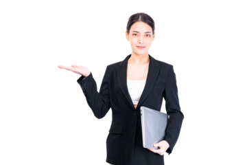 Professional businesswoman in a suit, confidently presenting with open hand gesture. She holds laptop computer exuding sense of leadership and business acumen, set against white background