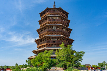 Yingxian Wooden Pagoda in Shanxi, ancient Chinese architectural relics in Asia.The words on the...
