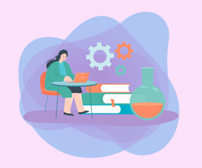 Chemist or researcher working on laptop. Woman sitting at table next to huge laboratory flask and books flat vector illustration. Chemistry, science concept for banner, website design or landing page