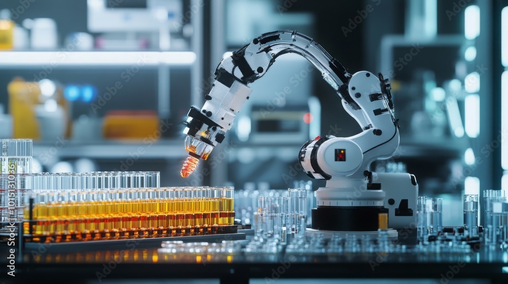 Poster A robotic arm operates in a state-of-the-art laboratory, carefully transferring liquids between multiple test tubes